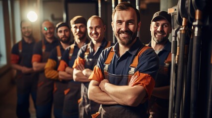Équipe de techniciens posant ensemble à l’atelier