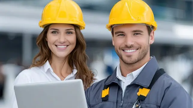 Deux techniciens casqués souriants regardent une tablette sur un chantier