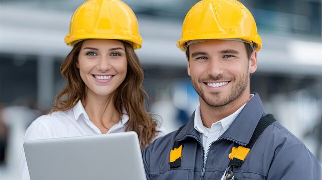 Deux techniciens casqués souriants regardent une tablette sur un chantier